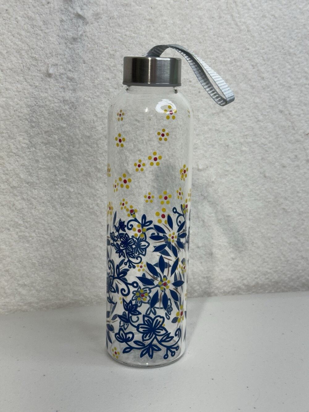 Temptations By Tara 20oz Travel Glass Bottle Blue & Yellow Floral Pattern Strap